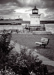 Portland Breakwater Light Helping to Guide Ship - BW